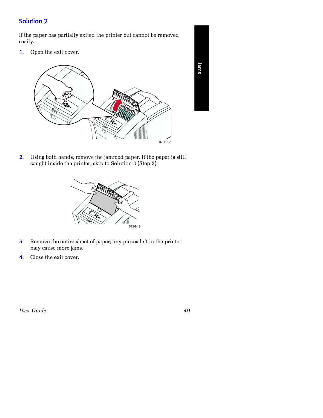Xerox Phaser 860 manual Open the exit cover, Jams, User Guide 