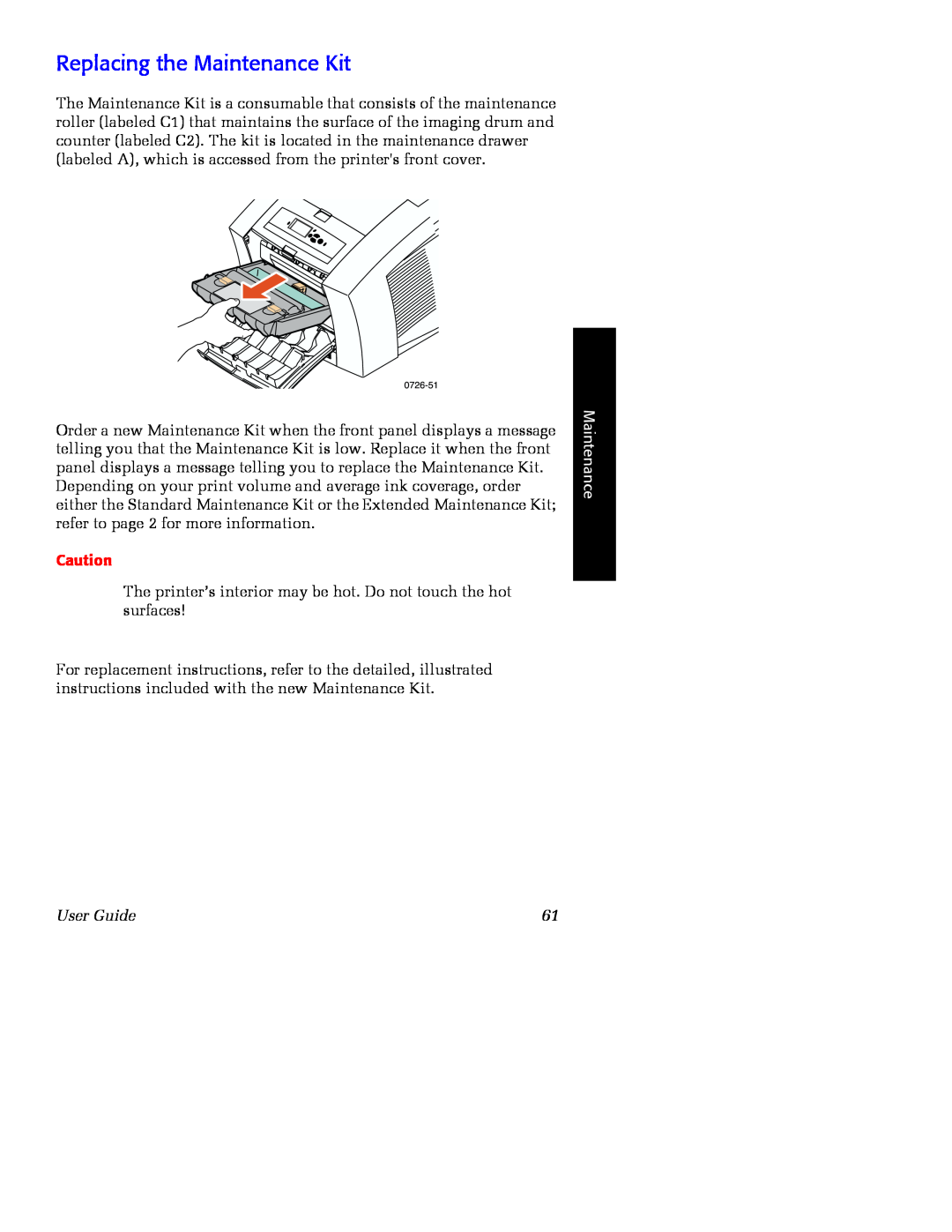 Xerox Phaser 860 manual Replacing the Maintenance Kit, 0726-51, User Guide 