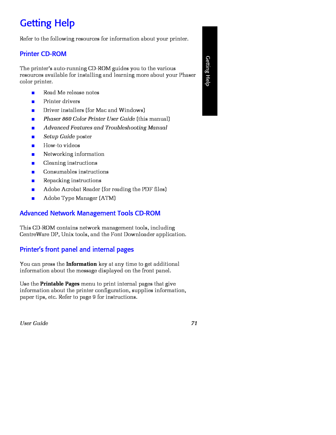 Xerox Getting Help, Phaser 860 Color Printer User Guide this manual 