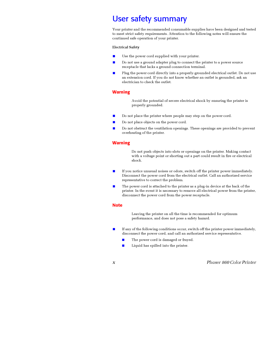 Xerox Phaser 860 manual User safety summary, Electrical Safety 