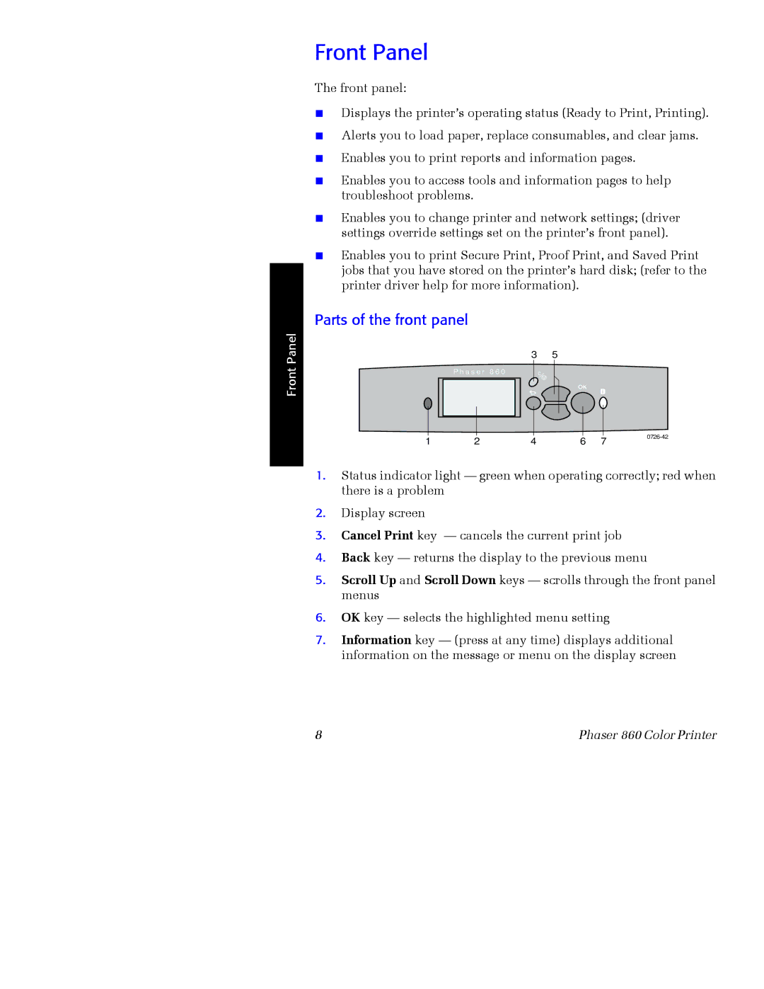 Xerox Phaser 860 manual Front Panel, Parts of the front panel 