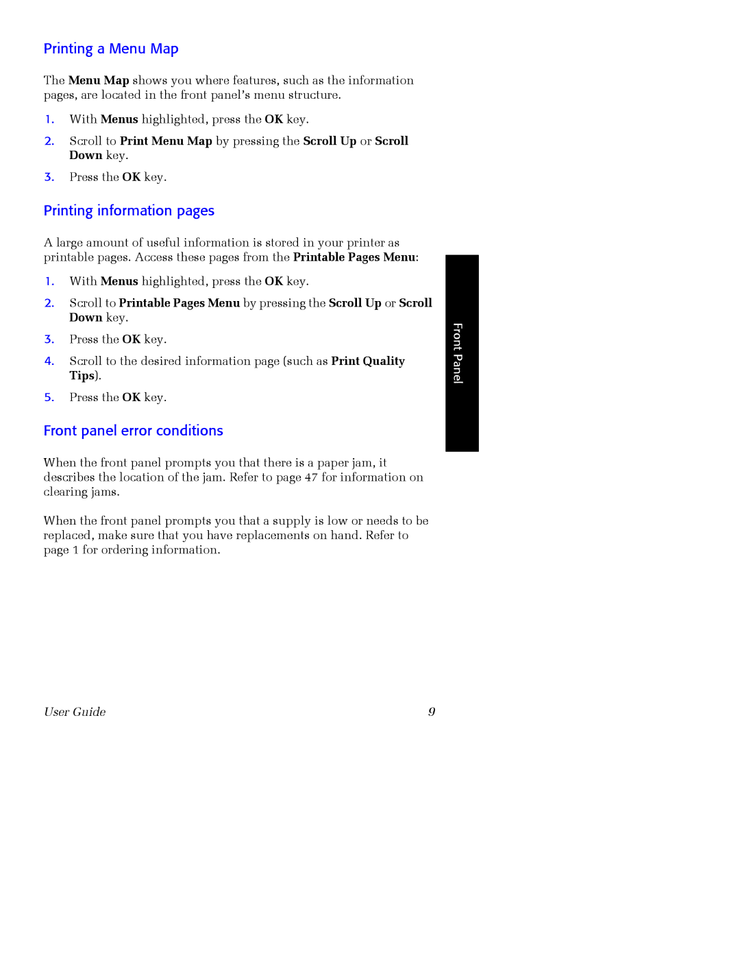 Xerox Phaser 860 manual Printing a Menu Map, Printing information pages, Front panel error conditions 