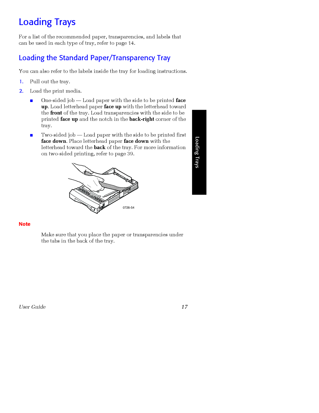 Xerox Phaser 860 manual Loading Trays, Loading the Standard Paper/Transparency Tray 