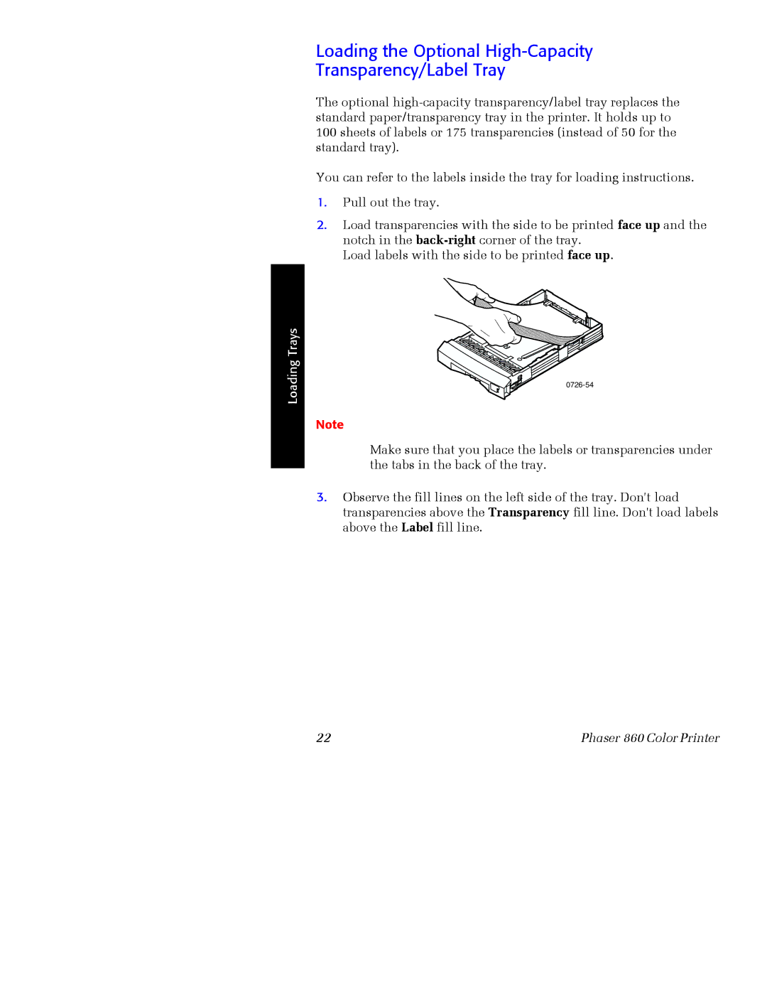 Xerox Phaser 860 manual Loading the Optional High-Capacity Transparency/Label Tray 