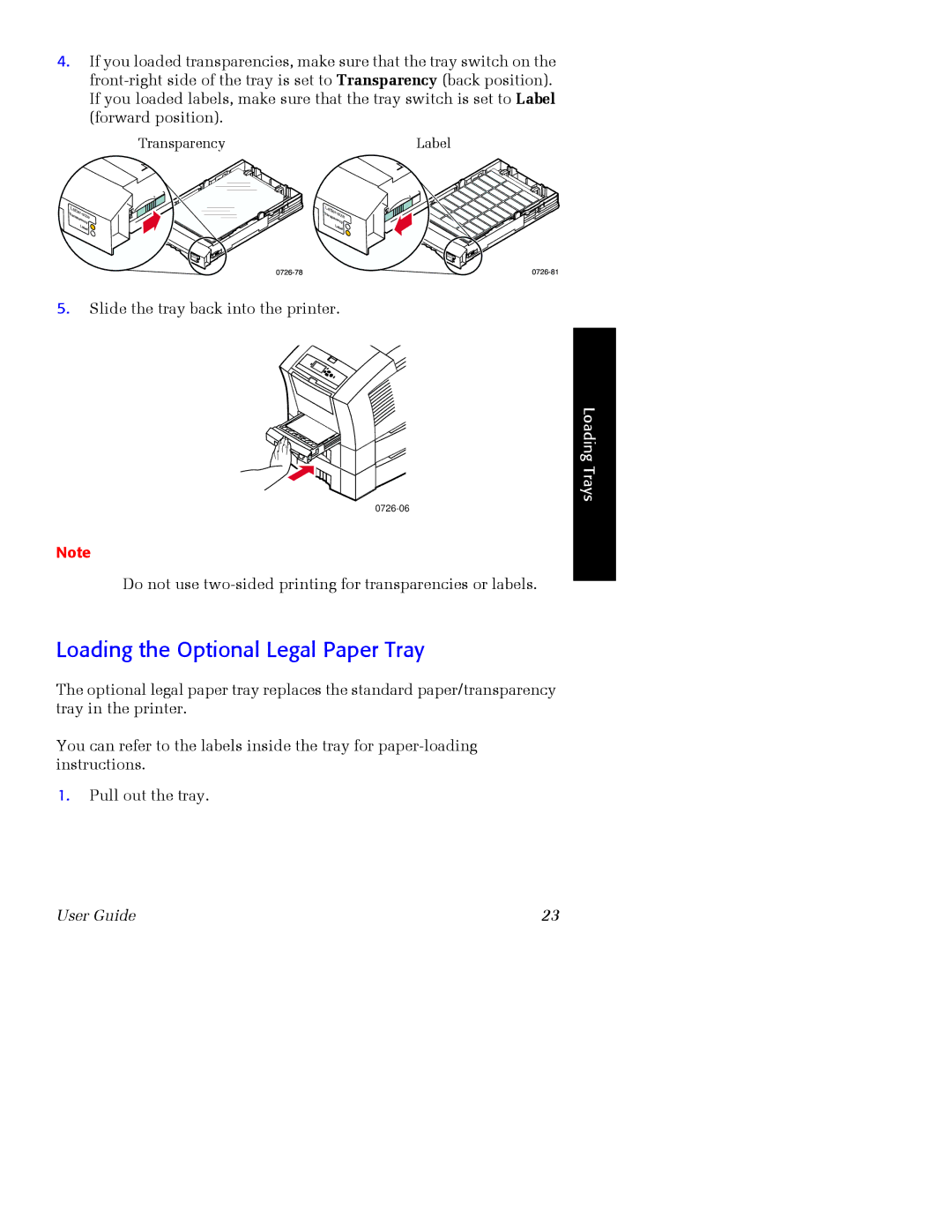 Xerox Phaser 860 manual TranspaLabelrency, Loading the Optional Legal Paper Tray 