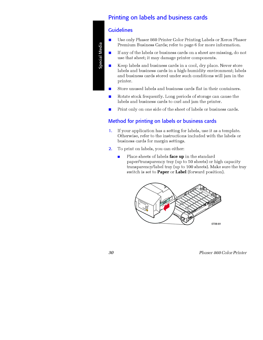 Xerox Phaser 860 manual Printing on labels and business cards, Guidelines, Method for printing on labels or business cards 