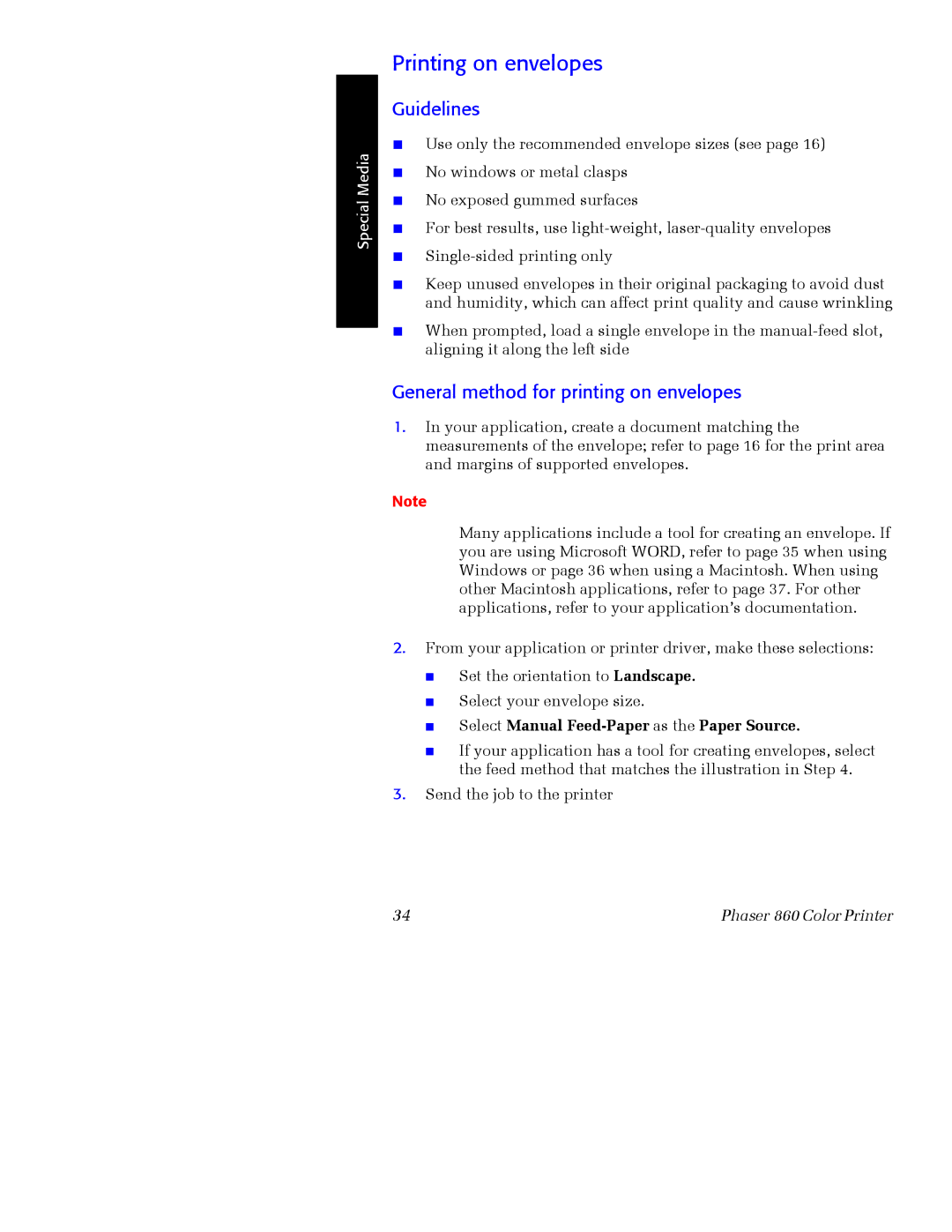 Xerox Phaser 860 manual Printing on envelopes, General method for printing on envelopes 