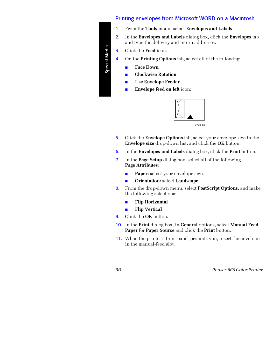 Xerox Phaser 860 manual Printing envelopes from Microsoft Word on a Macintosh, Orientation select Landscape 