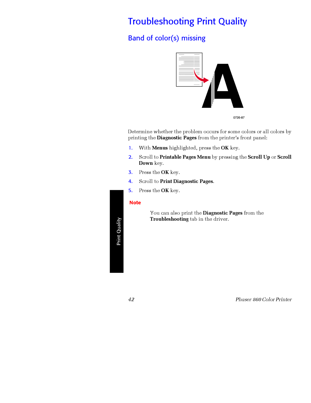 Xerox Phaser 860 manual Troubleshooting Print Quality, Band of colors missing, Scroll to Print Diagnostic Pages 