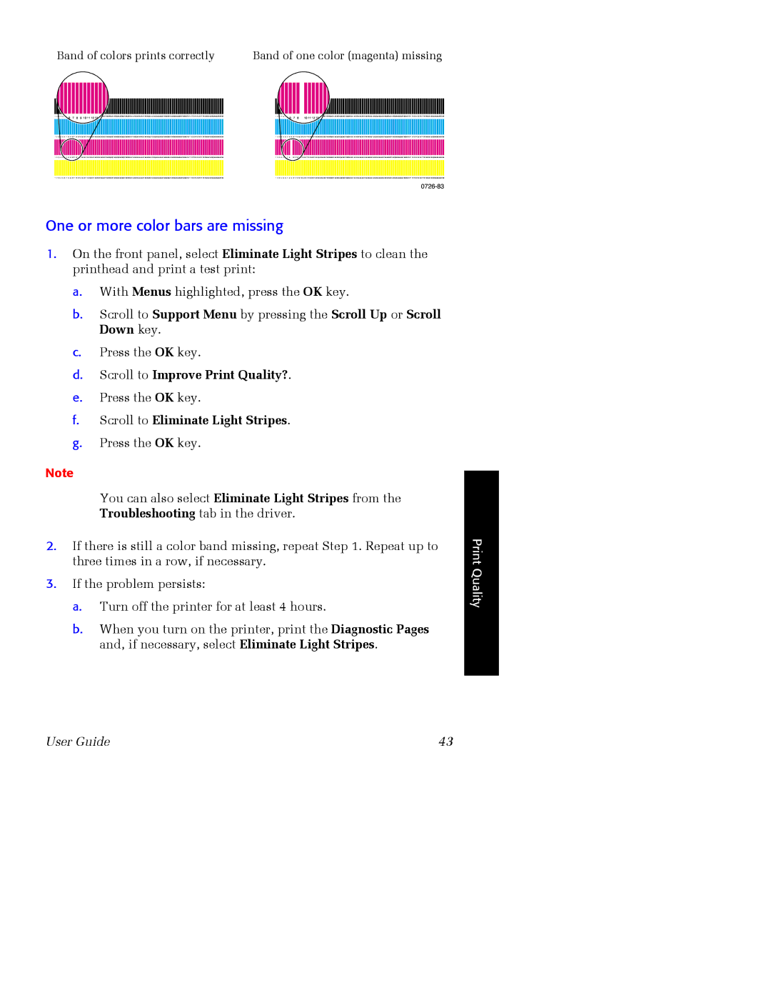 Xerox Phaser 860 One or more color bars are missing, Scroll to Improve Print Quality?, Scroll to Eliminate Light Stripes 