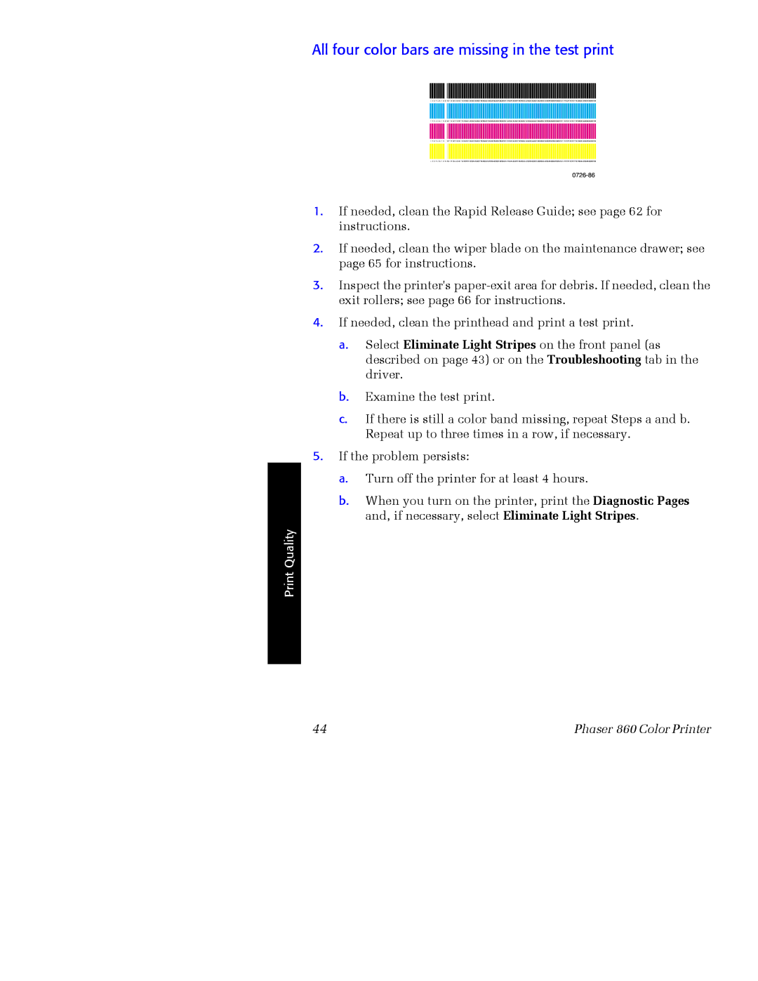 Xerox Phaser 860 manual 0726, All four color bars are missing in the test print 