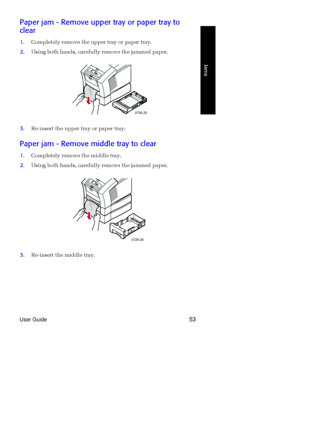 Xerox Phaser 860 manual Paper jam Remove upper tray or paper tray to clear, Paper jam Remove middle tray to clear 