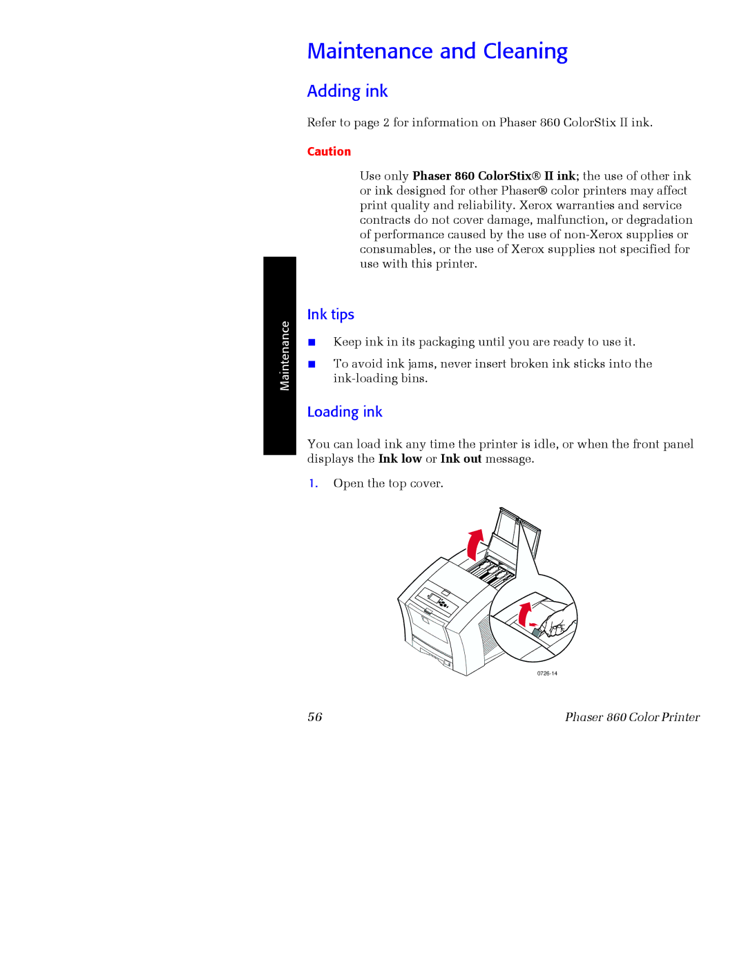 Xerox Phaser 860 manual Maintenance and Cleaning, Adding ink, Ink tips, Loading ink 