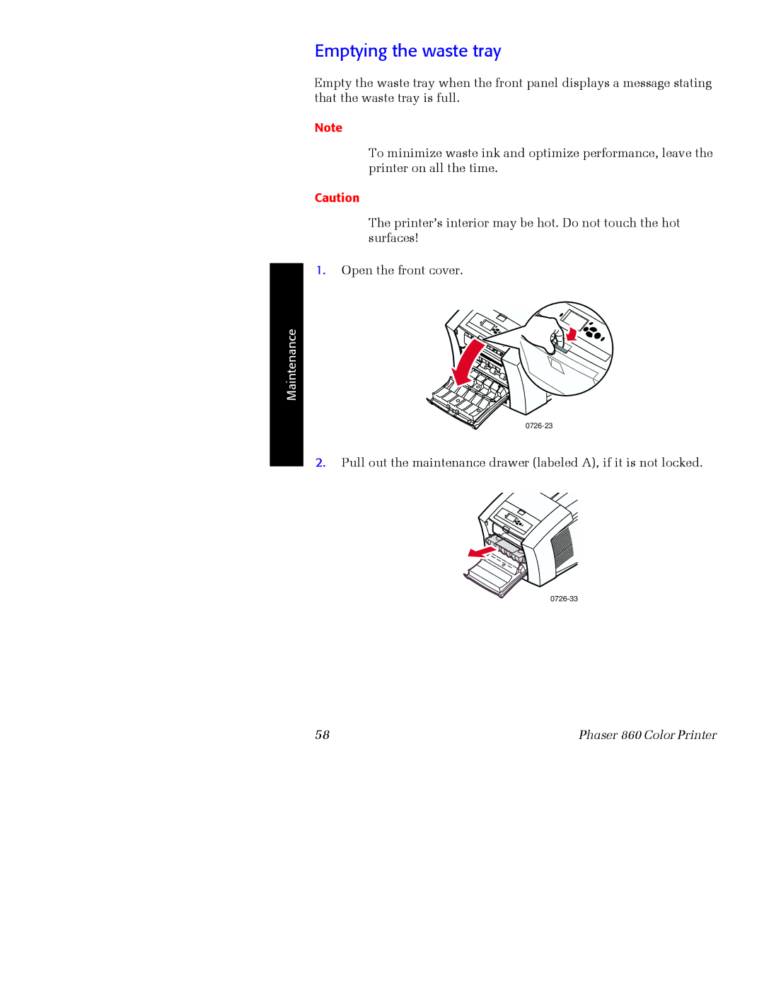 Xerox Phaser 860 manual Emptying the waste tray 