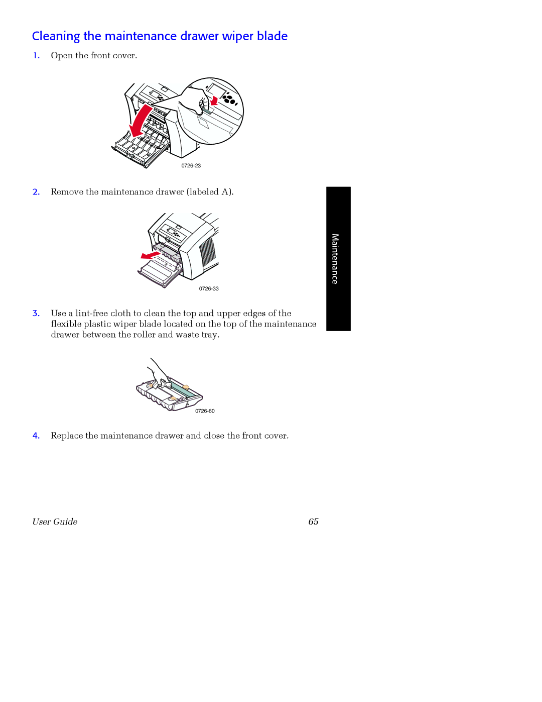 Xerox Phaser 860 manual Cleaning the maintenance drawer wiper blade 