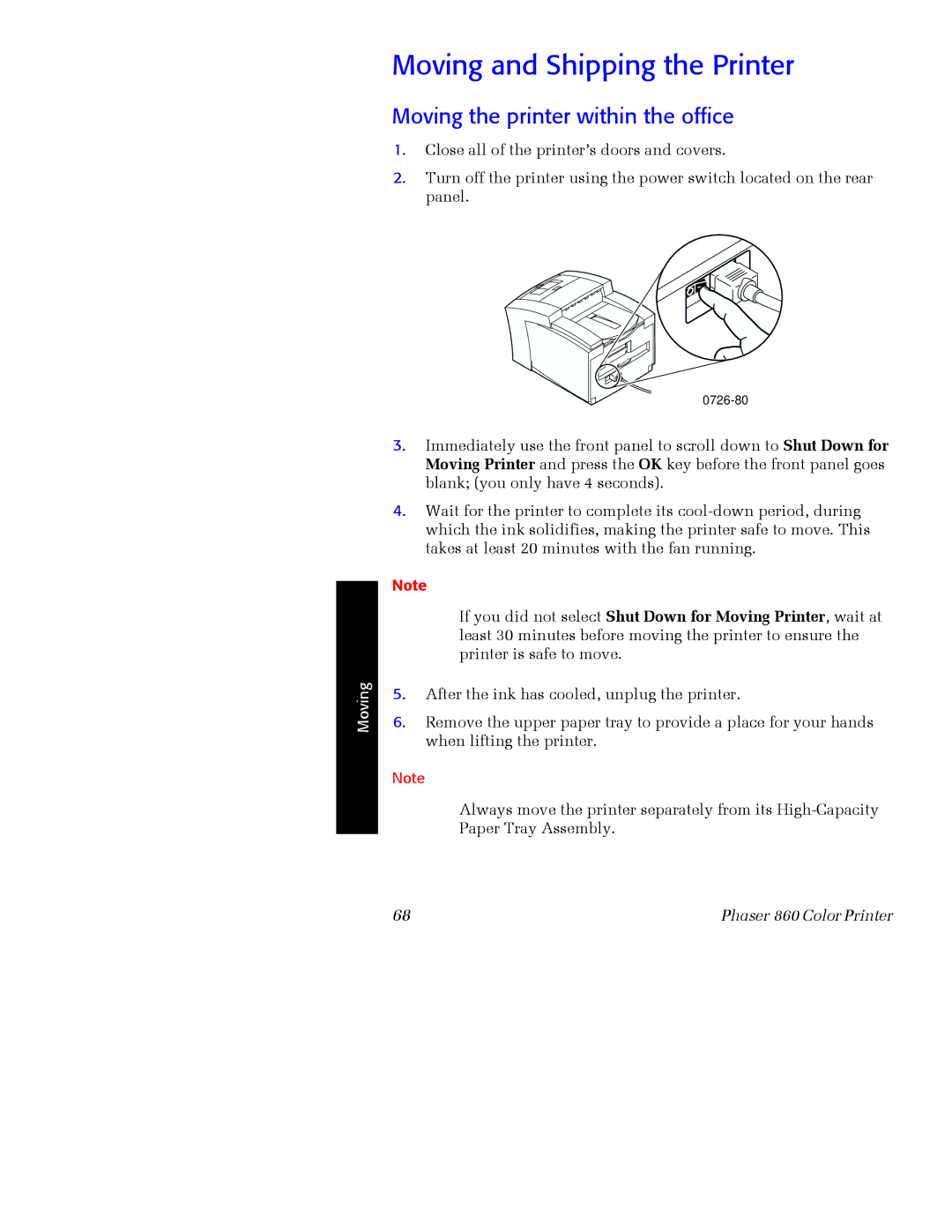 Xerox Phaser 860 manual Moving and Shipping the Printer, Moving the printer within the office 