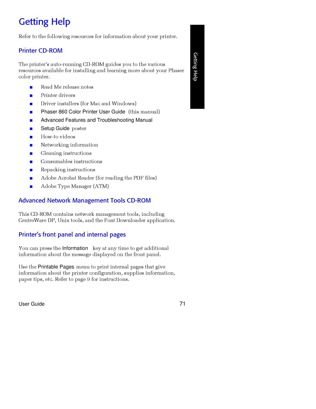 Xerox Phaser 860 manual Getting Help, Printer CD-ROM, Advanced Network Management Tools CD-ROM 