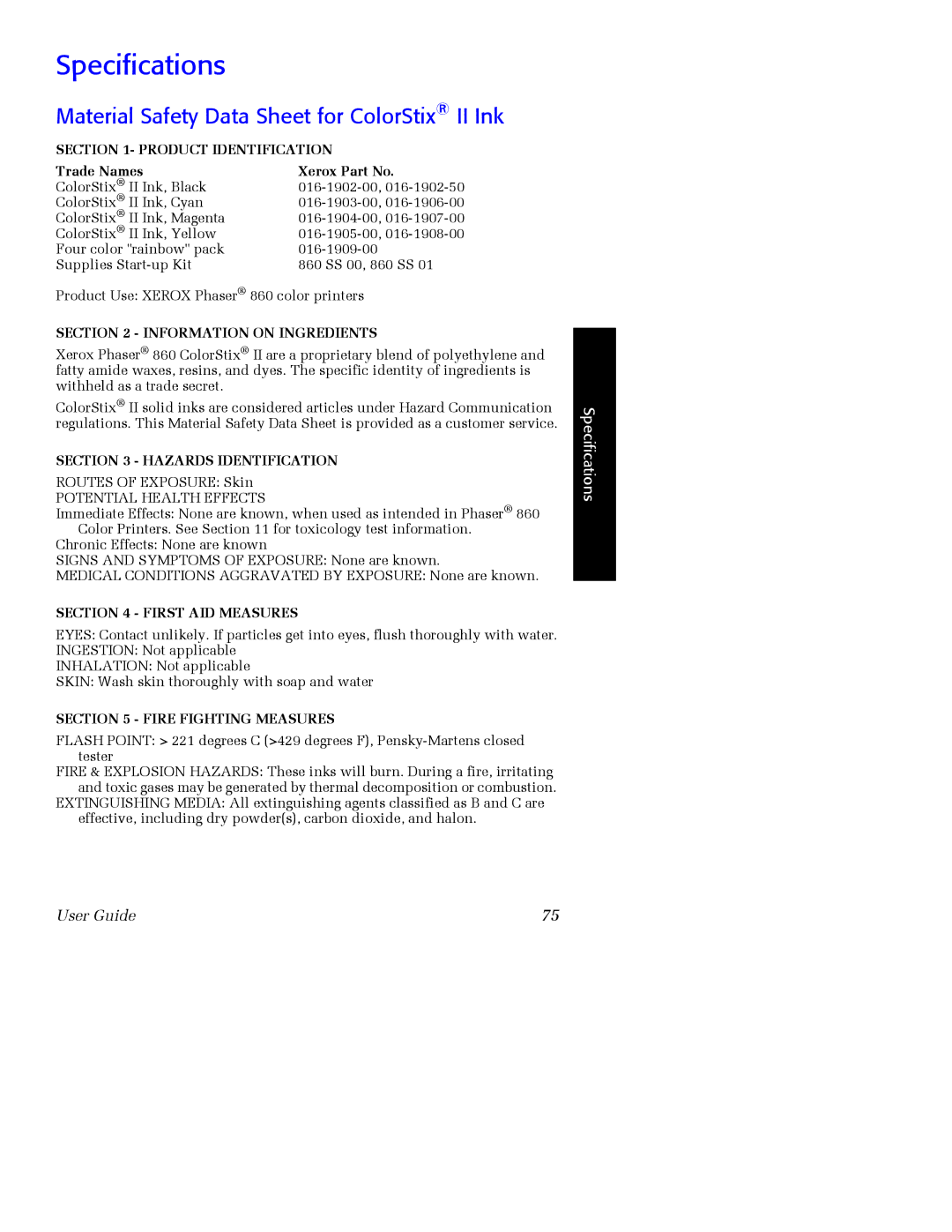 Xerox Phaser 860 manual Specifications, Material Safety Data Sheet for ColorStix II Ink 