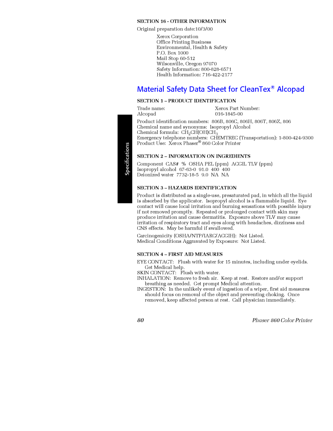 Xerox Phaser 860 manual Material Safety Data Sheet for CleanTex Alcopad 