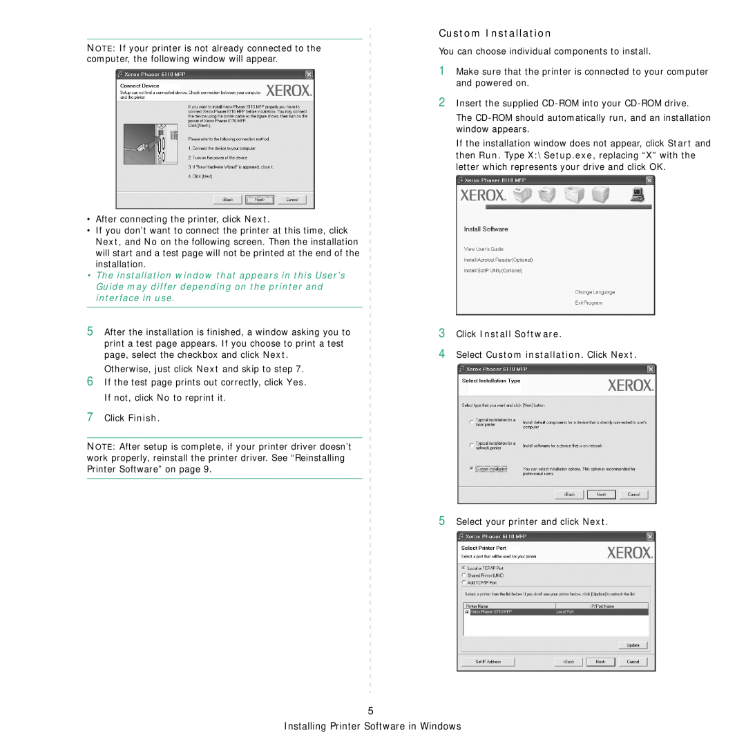Xerox Printer fwww manual Custom Installation, Installing Printer Software in Windows, 3Click Install Software 