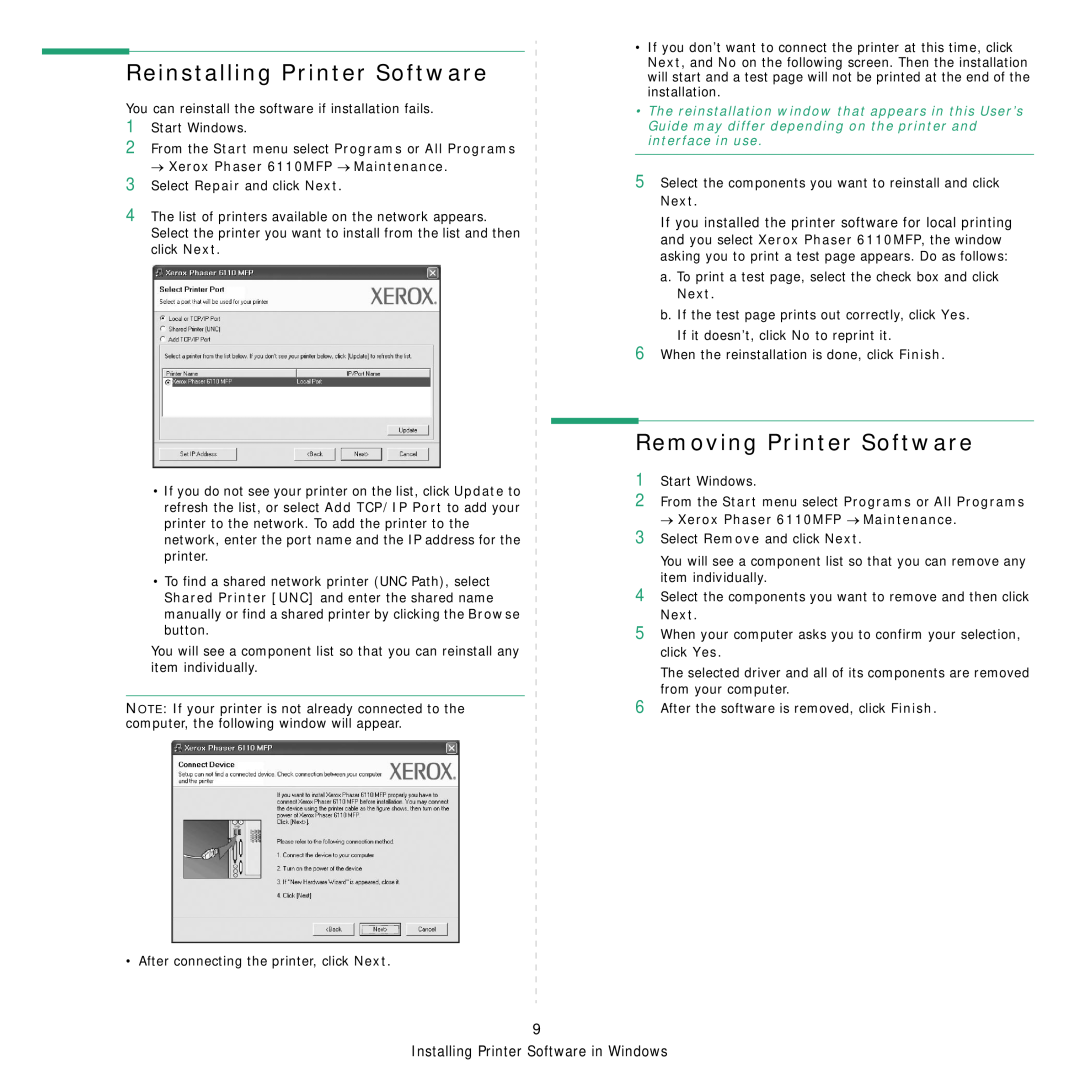 Xerox Printer fwww manual Reinstalling Printer Software, Removing Printer Software, Installing Printer Software in Windows 