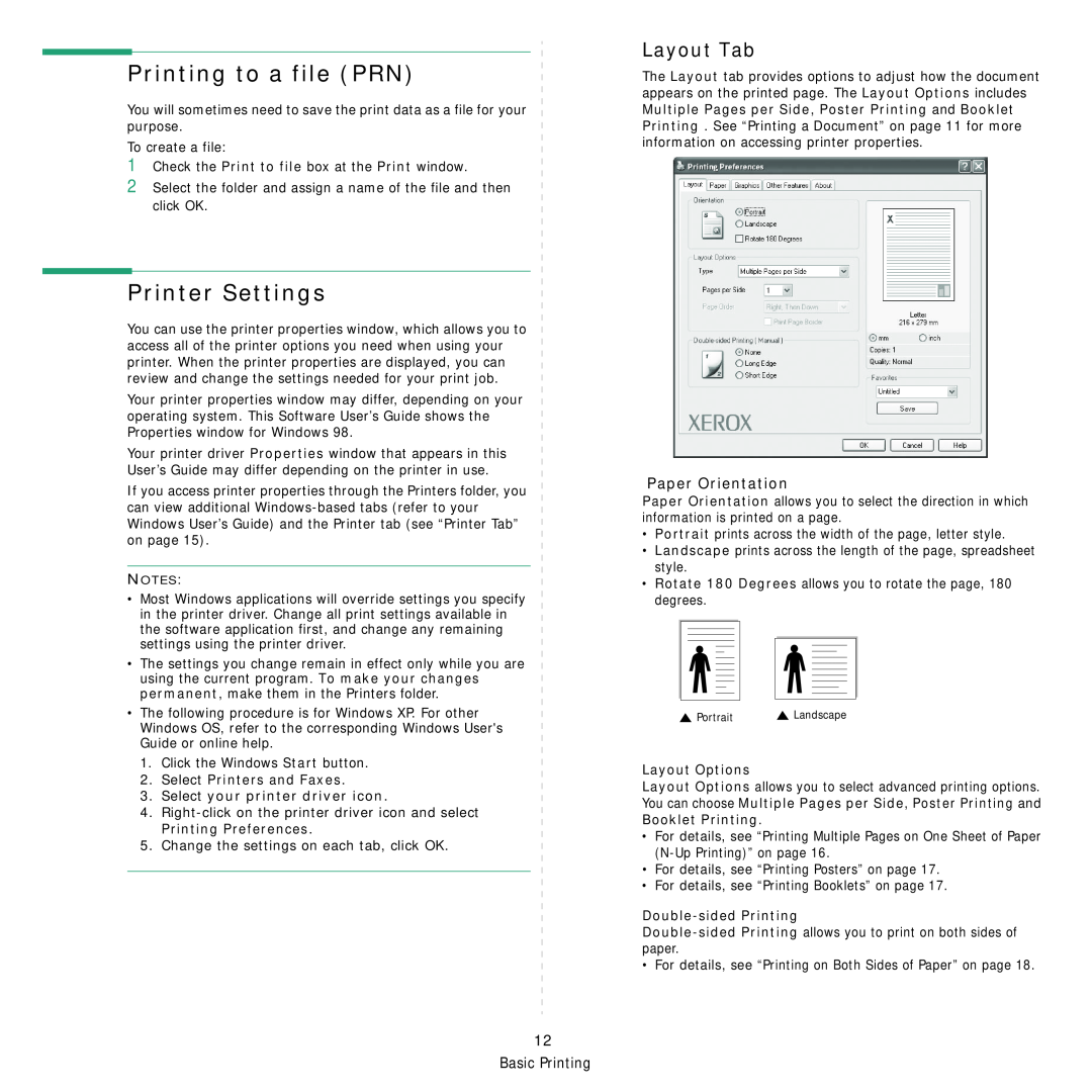 Xerox Printer fwww Printing to a file PRN, Printer Settings, Layout Tab, Paper Orientation, Select Printers and Faxes 