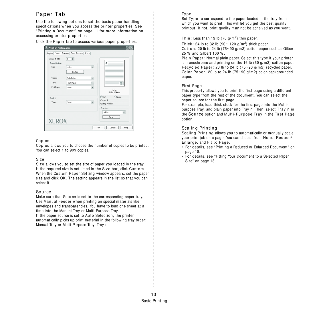 Xerox Printer fwww manual Paper Tab, Source, Scaling Printing, Copies, Size, Type, First Page 