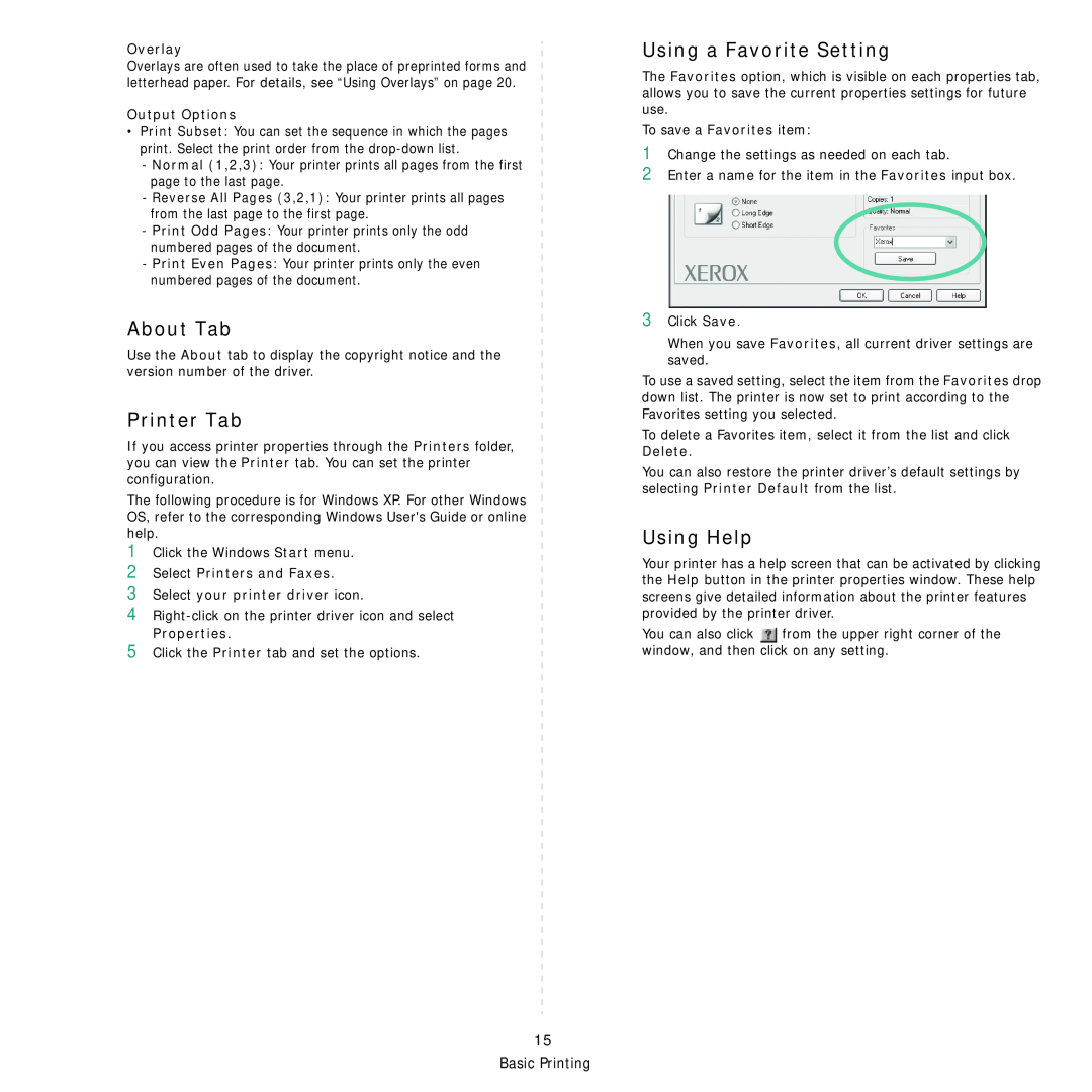 Xerox Printer fwww manual About Tab, Printer Tab, Using a Favorite Setting, Using Help, Overlay, Output Options 