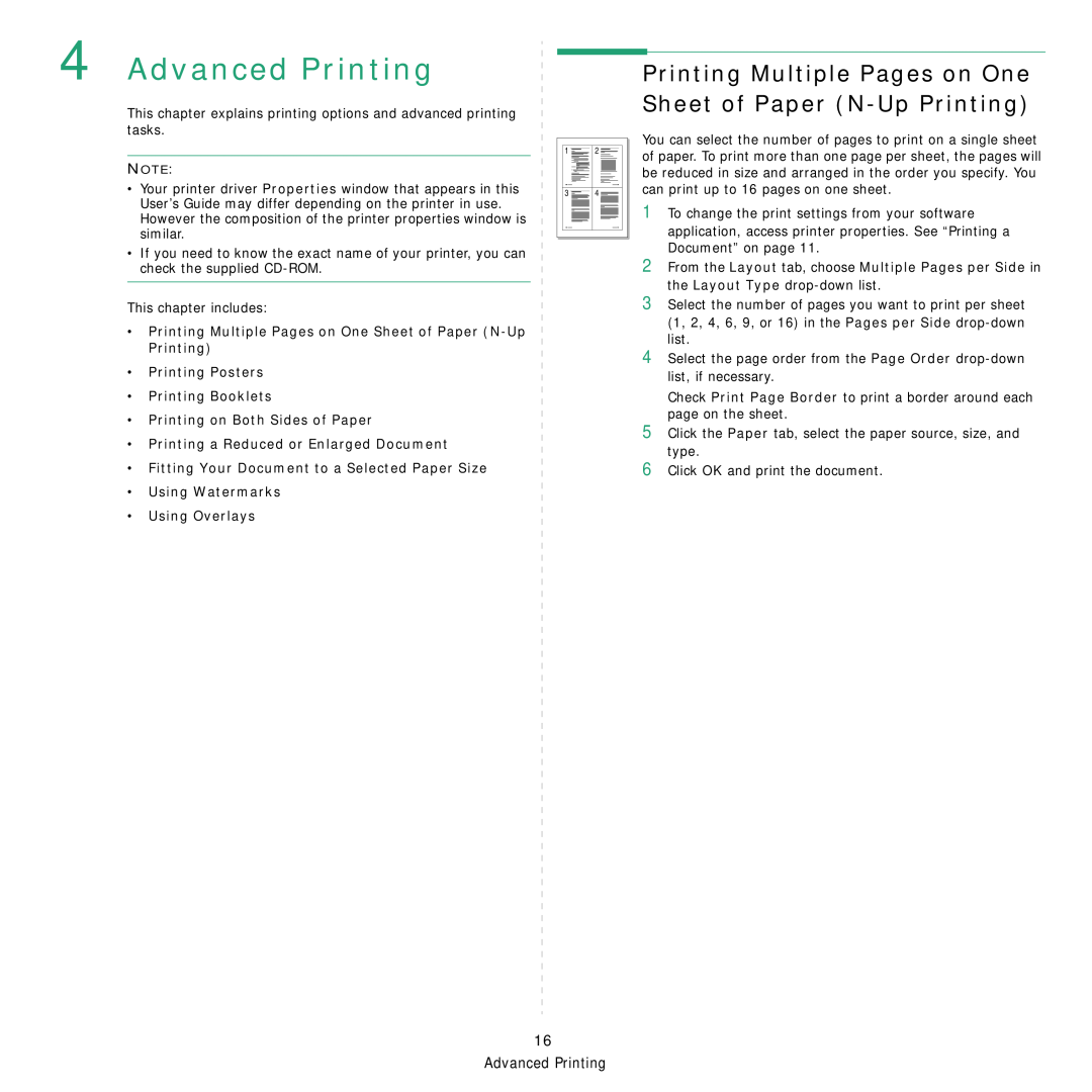 Xerox Printer fwww manual Advanced Printing, •Printing Posters •Printing Booklets, •Printing on Both Sides of Paper 
