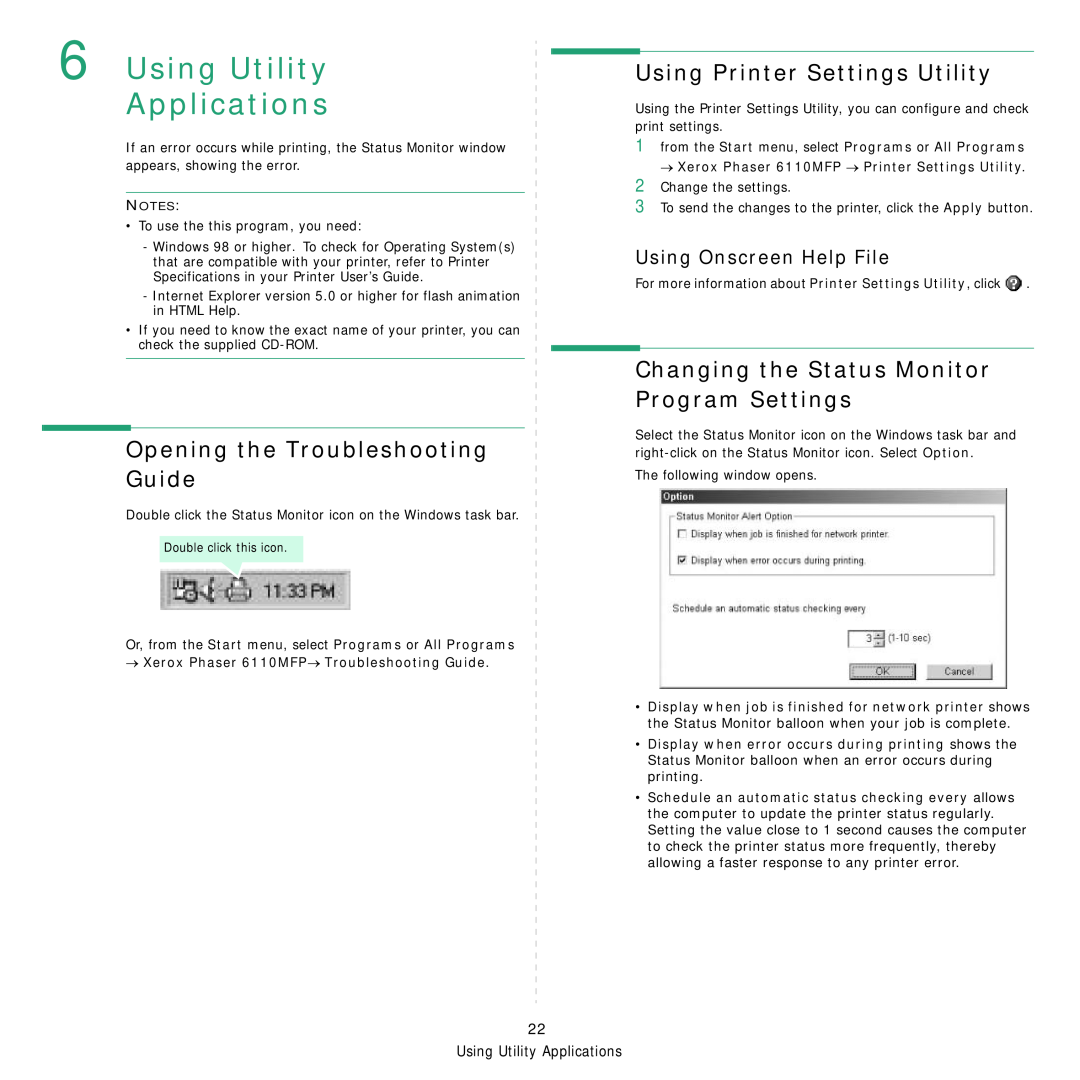 Xerox Printer fwww manual Using Utility Applications, Opening the Troubleshooting Guide, Using Printer Settings Utility 