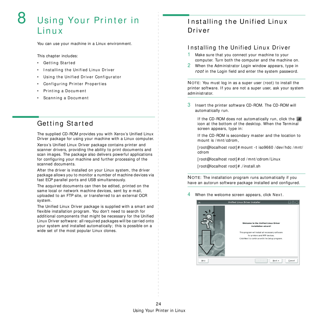 Xerox Printer fwww manual Using Your Printer in Linux, Installing the Unified Linux Driver, •Getting Started 