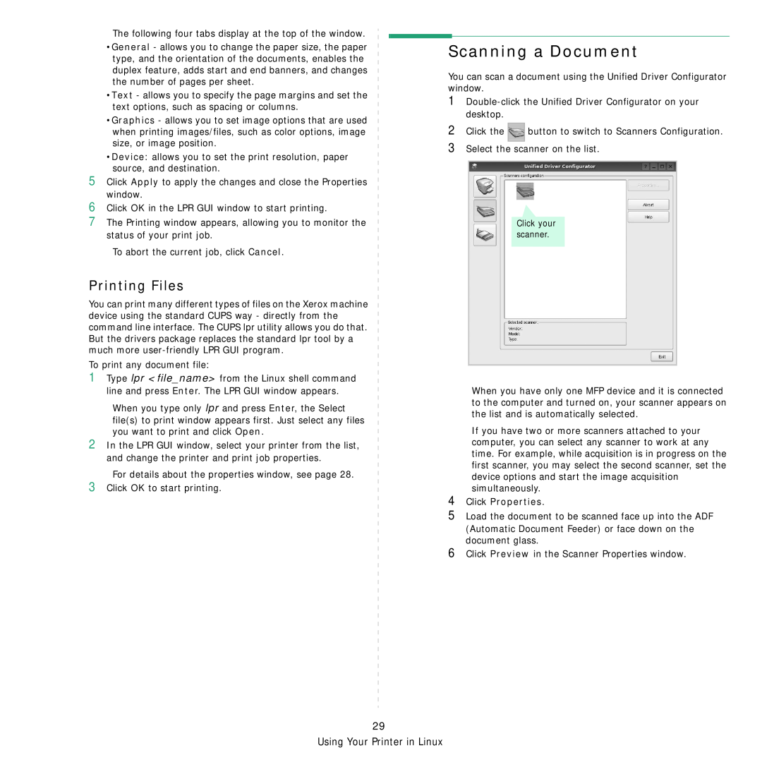 Xerox Printer fwww manual Scanning a Document, Printing Files, 4Click Properties 