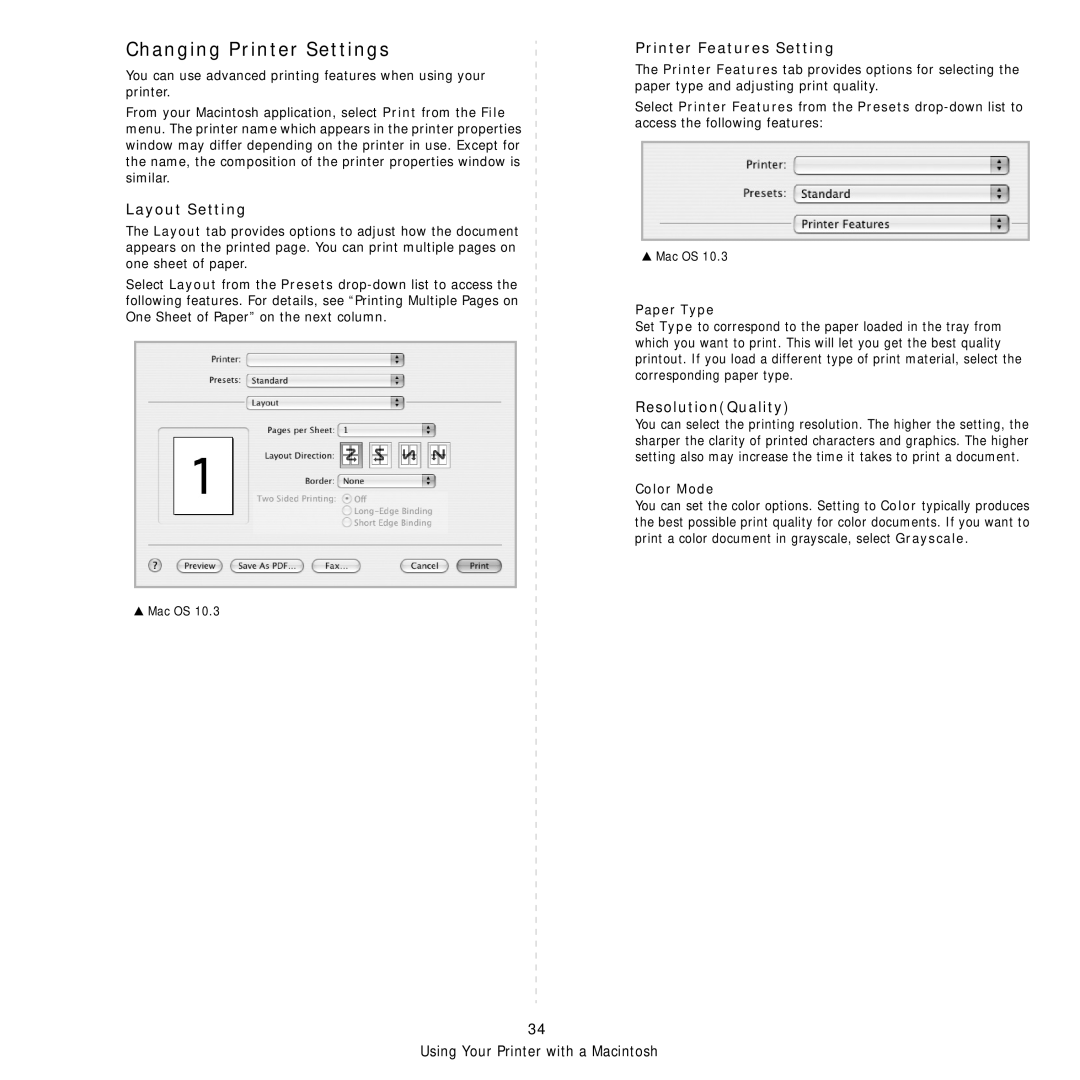 Xerox Printer fwww Changing Printer Settings, Layout Setting, Printer Features Setting, ResolutionQuality, Paper Type 
