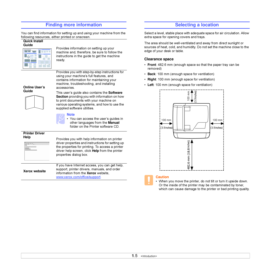 Xerox Printer fwww manual Finding more information, Selecting a location, Clearance space 