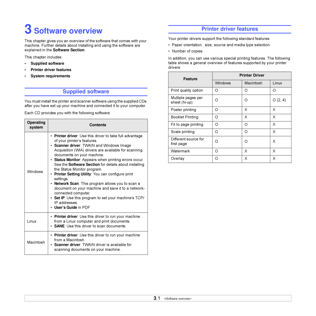 Xerox Printer fwww manual Software overview, Supplied software, Printer driver features 