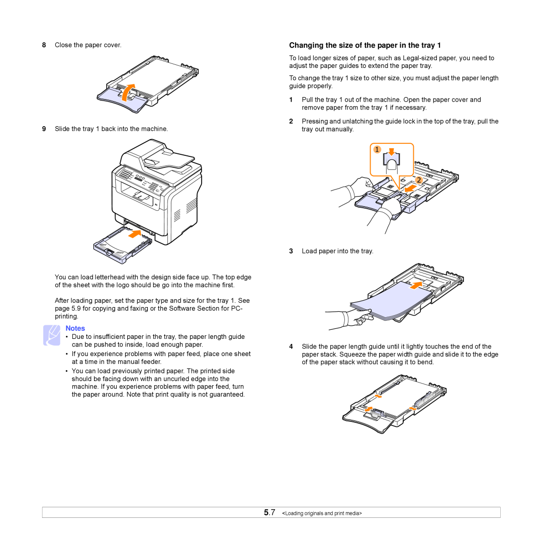 Xerox Printer fwww manual Notes, Changing the size of the paper in the tray 