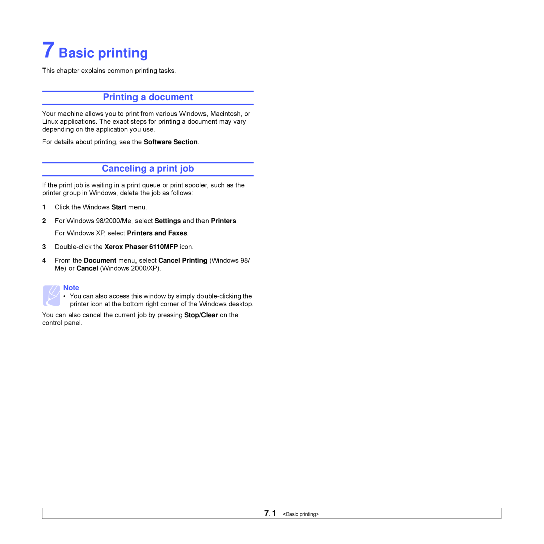 Xerox Printer fwww manual Basic printing, Printing a document, Canceling a print job 