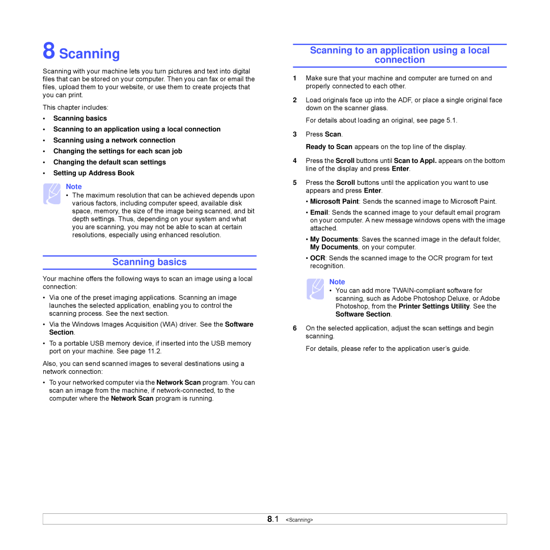 Xerox Printer fwww manual Scanning basics, Scanning to an application using a local, connection 