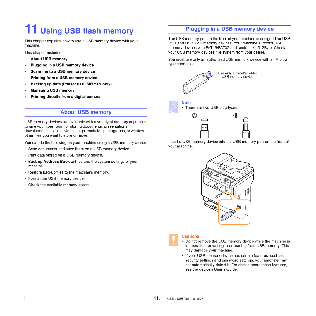 Xerox Printer fwww manual Using USB flash memory, About USB memory, Plugging in a USB memory device, Cautions 