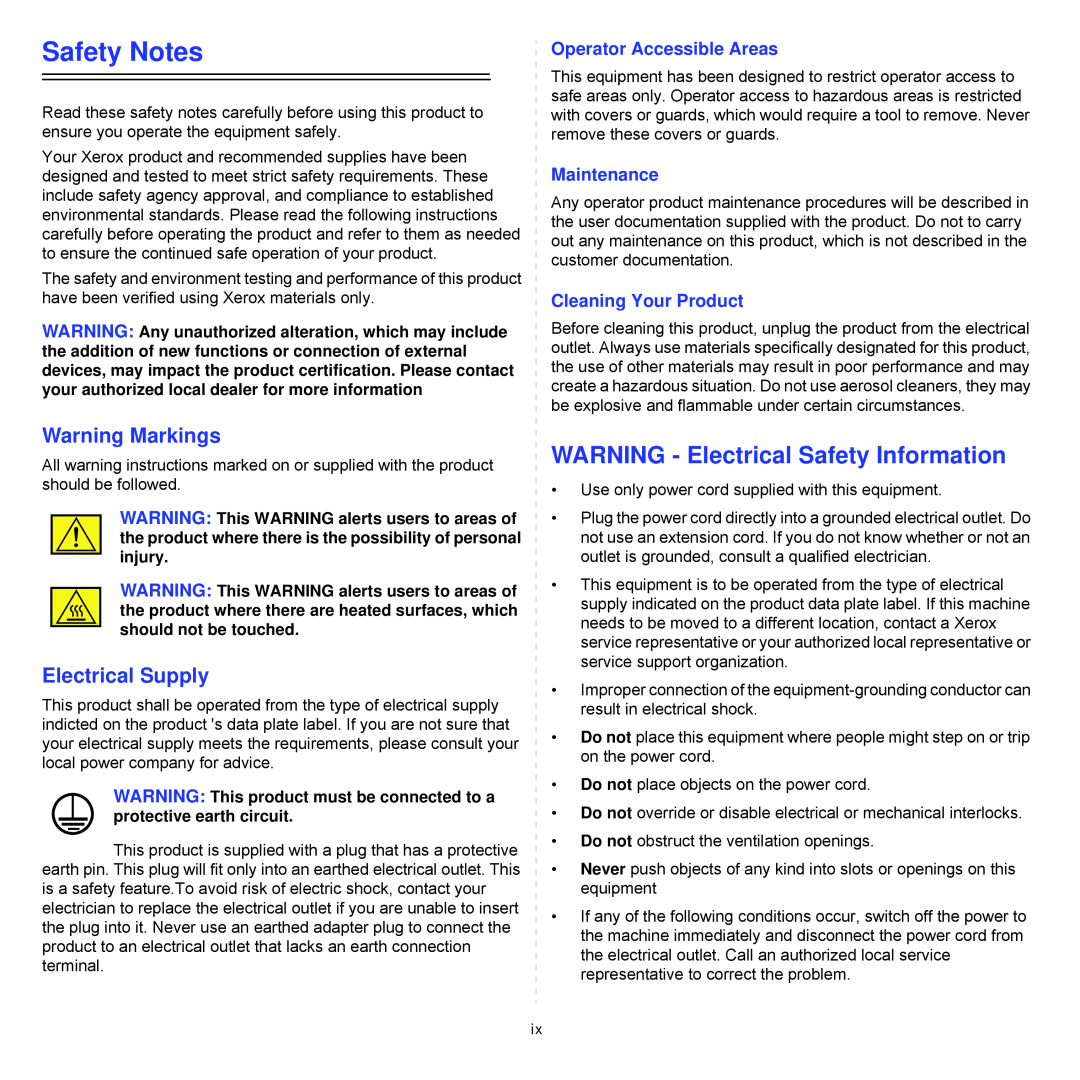 Xerox Printer fwww Safety Notes, WARNING - Electrical Safety Information, Warning Markings, Electrical Supply, Maintenance 