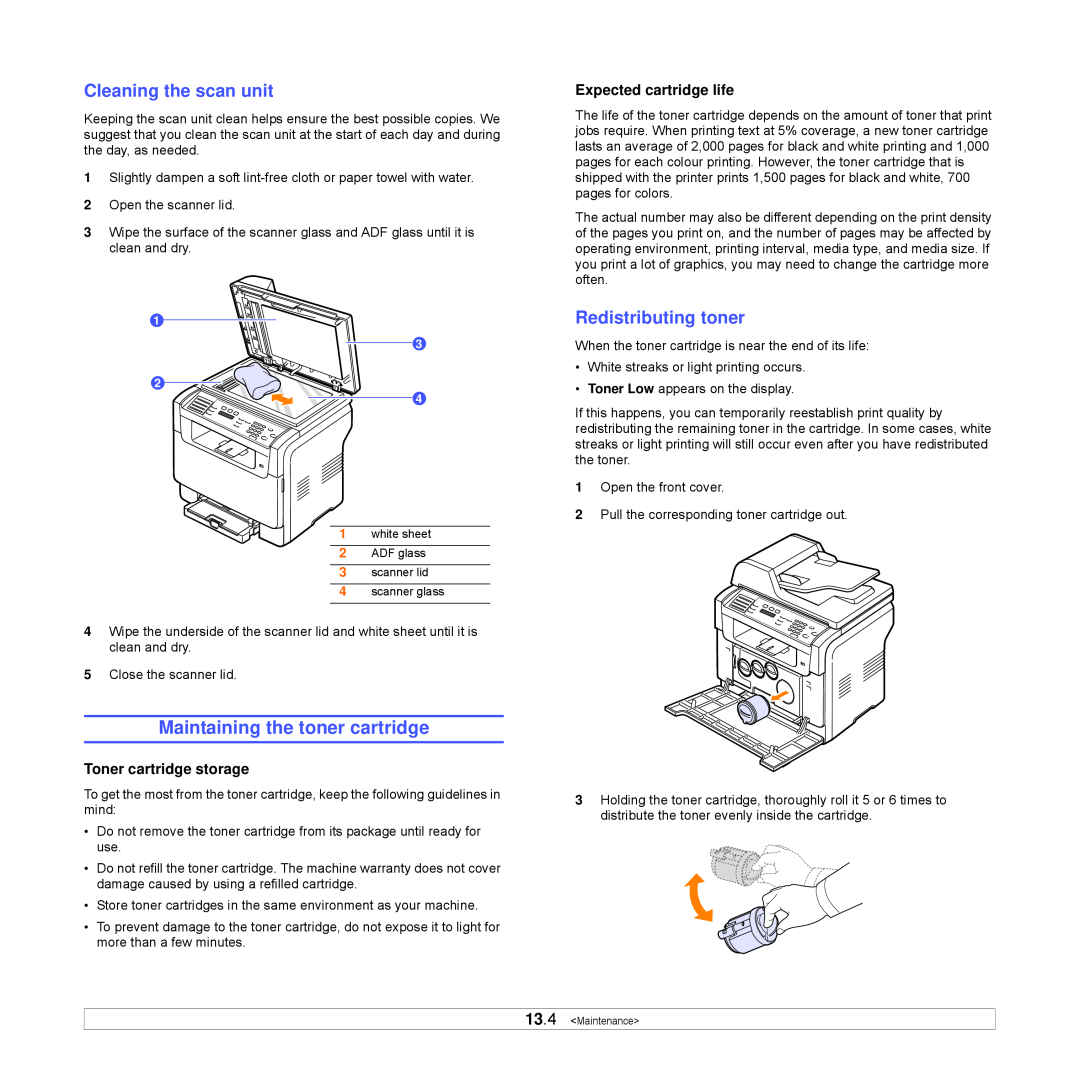 Xerox Printer fwww Maintaining the toner cartridge, Cleaning the scan unit, Redistributing toner, Toner cartridge storage 