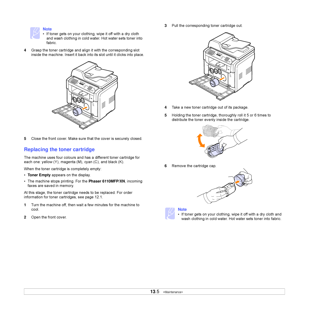 Xerox Printer fwww manual Replacing the toner cartridge 