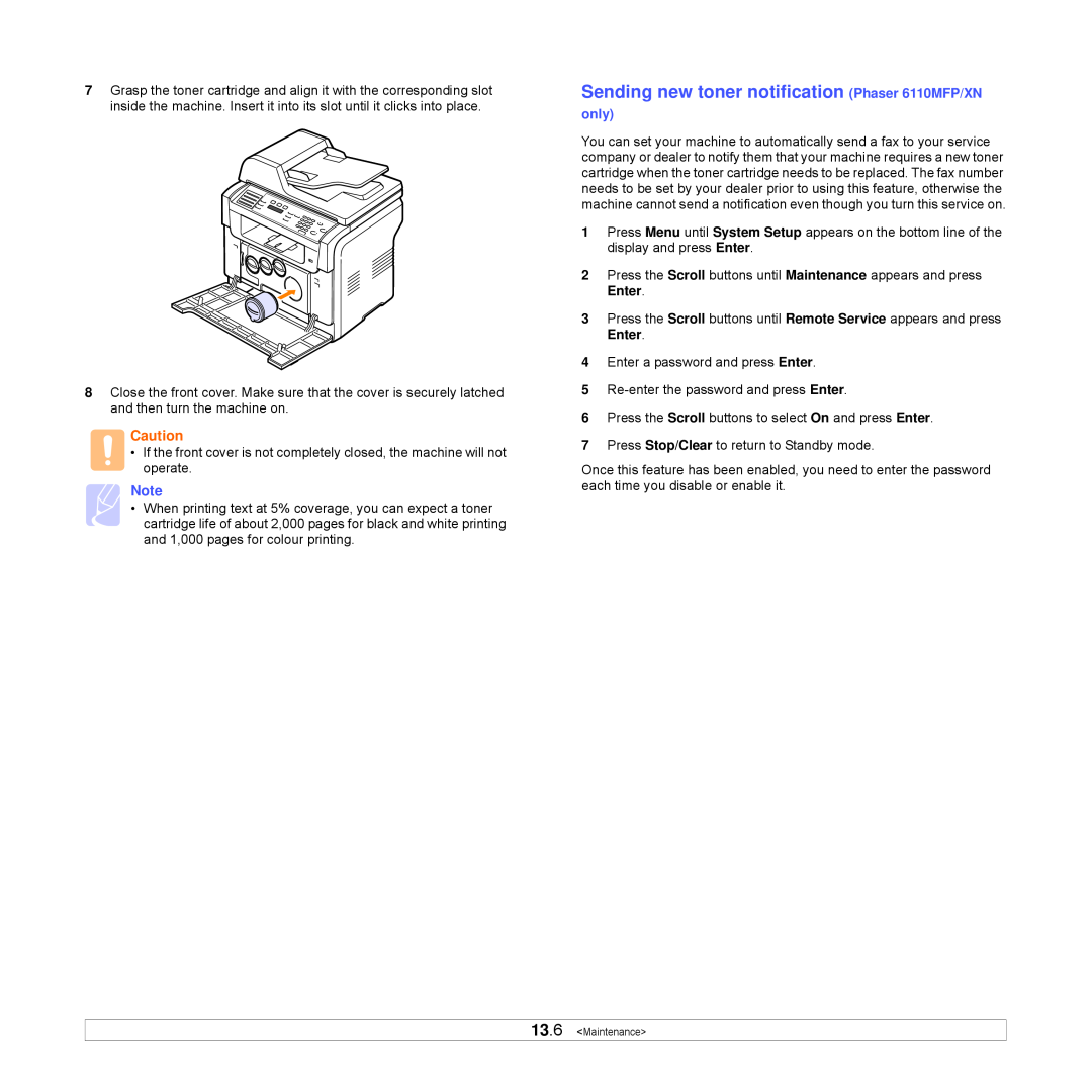 Xerox Printer fwww manual Sending new toner notification Phaser 6110MFP/XN, only 