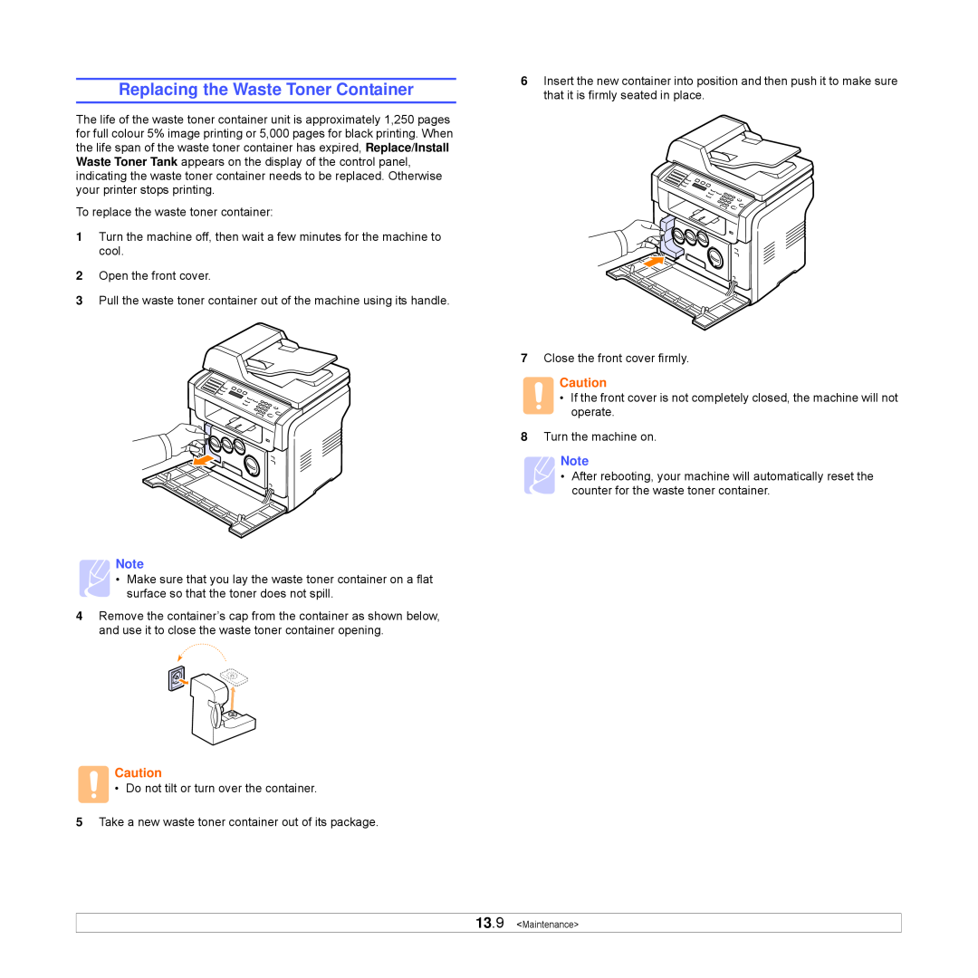 Xerox Printer fwww manual Replacing the Waste Toner Container 