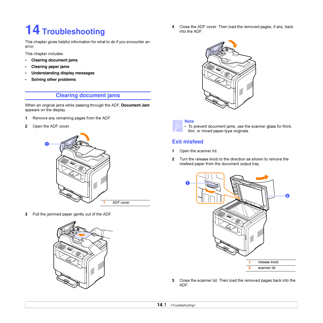 Xerox Printer fwww manual Troubleshooting, Clearing document jams, Exit misfeed 