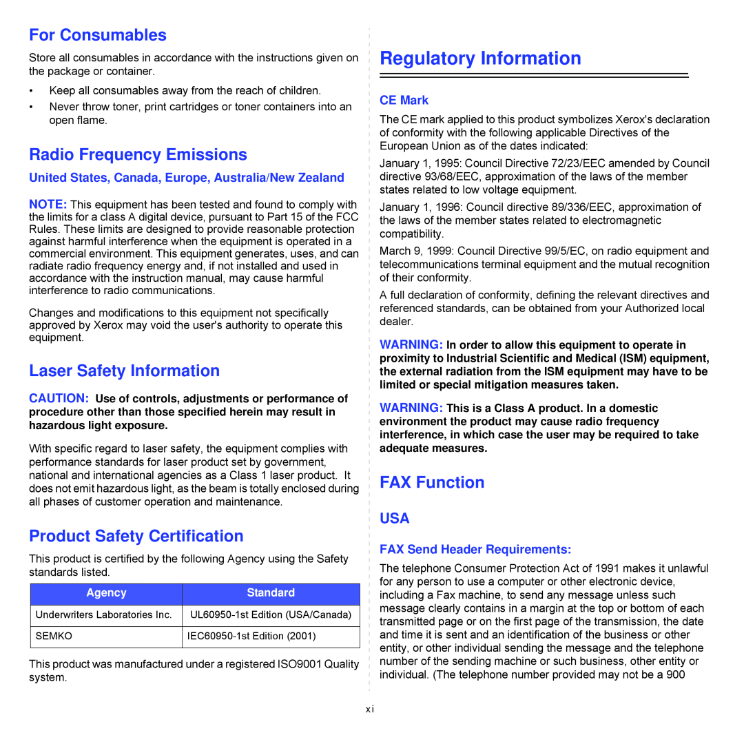 Xerox Printer fwww Regulatory Information, For Consumables, Radio Frequency Emissions, Laser Safety Information, CE Mark 
