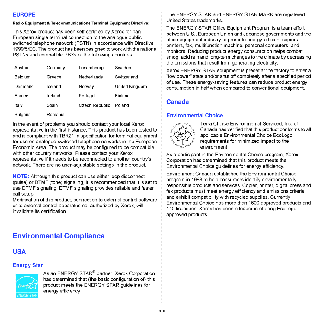 Xerox Printer fwww manual Environmental Compliance 