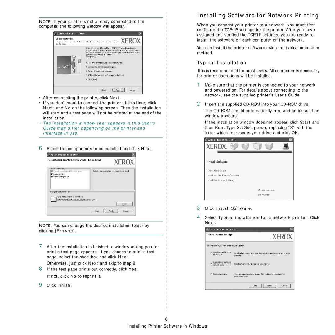 Xerox Printer fwww manual Installing Software for Network Printing, Select the components to be installed and click Next 