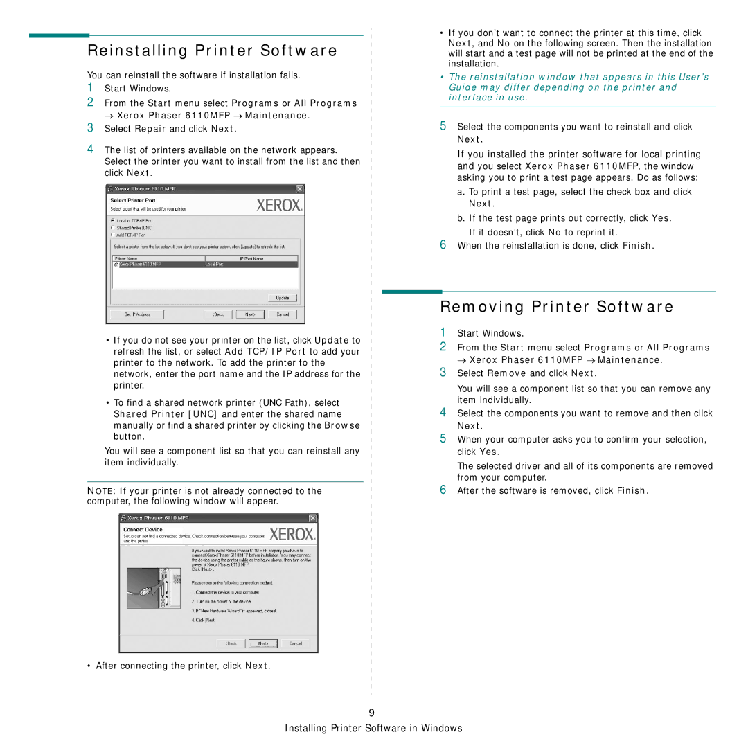 Xerox Printer fwww manual Reinstalling Printer Software, Removing Printer Software 