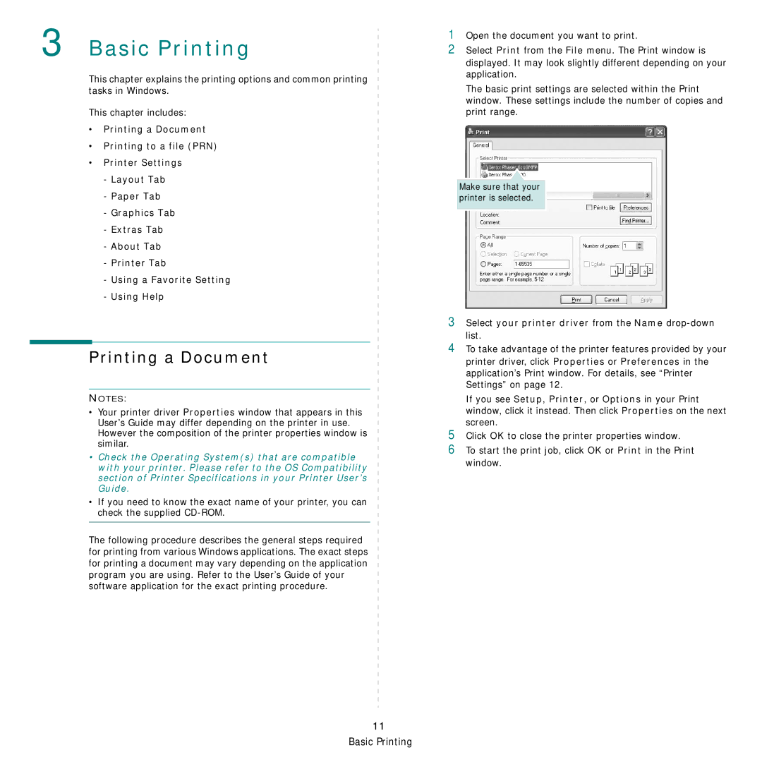 Xerox Printer fwww manual Printing a Document, Select your printer driver from the Name drop-down list 